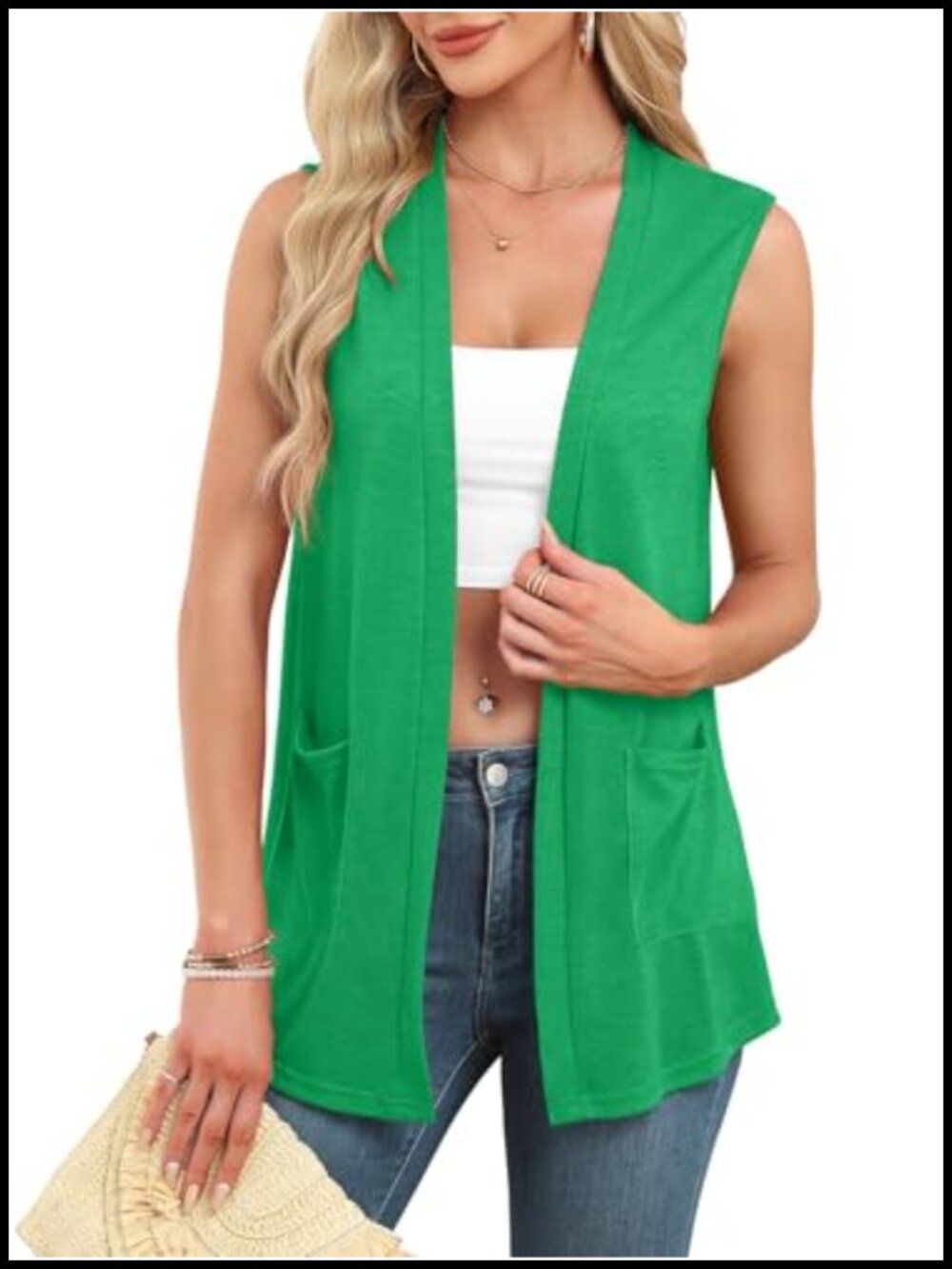 Women's Lightweight Knit Sleeveless Cardigan Vest with Pockets Curved Hem